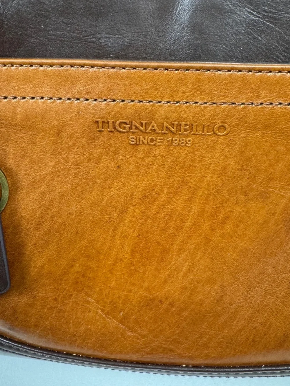 Tignanello Genuine Leather Two-Tone Satchel Crossbody Bag Brown Tan